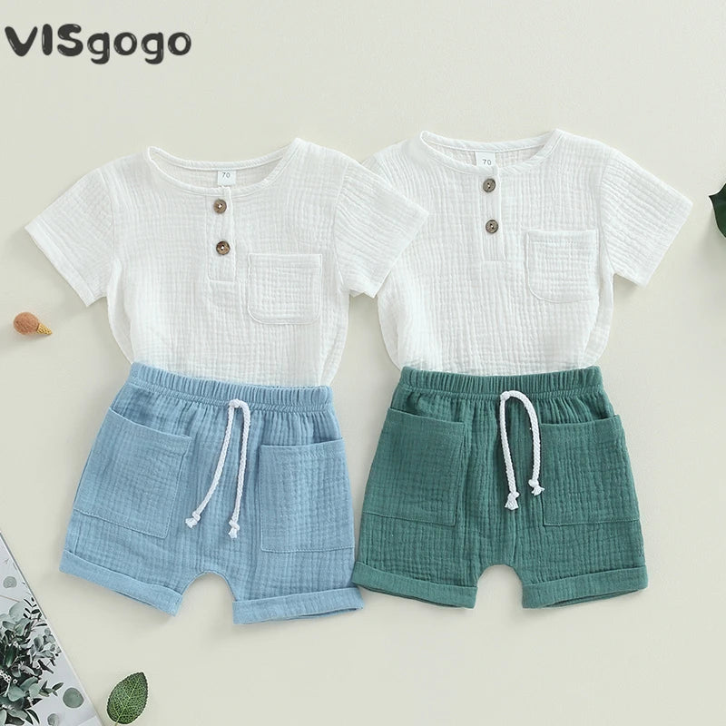 Short-Sleeve Button-Down Top with Pocket & Solid Color Shorts (0-3Y)
