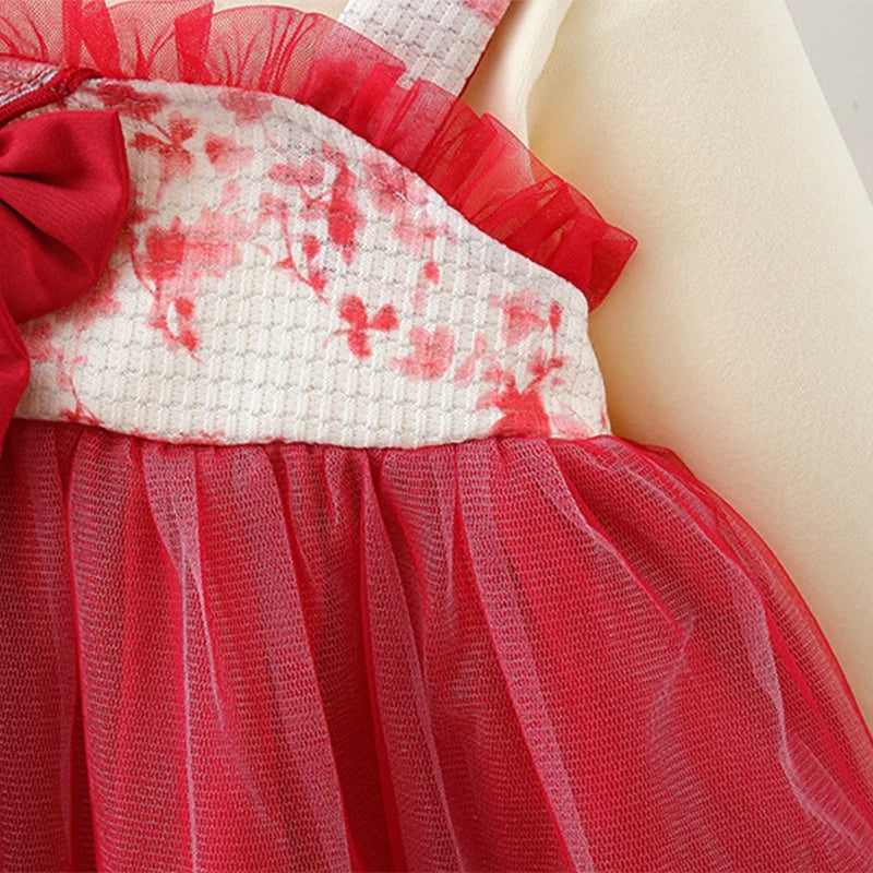 Baby Girl Princess Dress – Red Bowtie Mesh Outfit for Spring & Autumn (1Y)