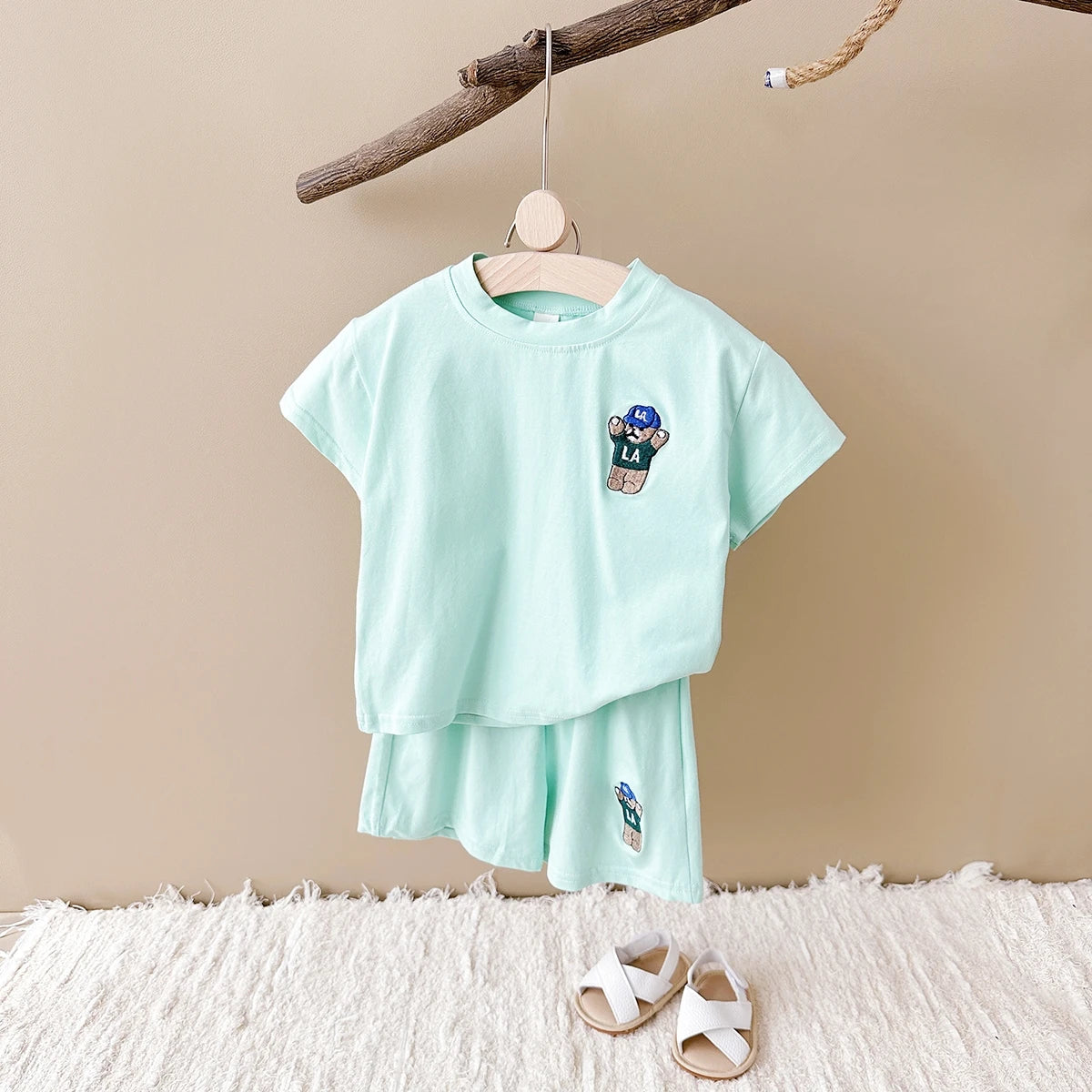 2-Piece Top & Bottom Set for Boys & Girls, Casual Sports Suit with Bear Embroidery