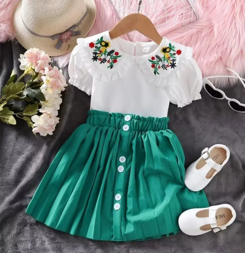 Flower Embroidered Doll Collar Top & Pleated Skirt, Kids Boutique Clothing Set