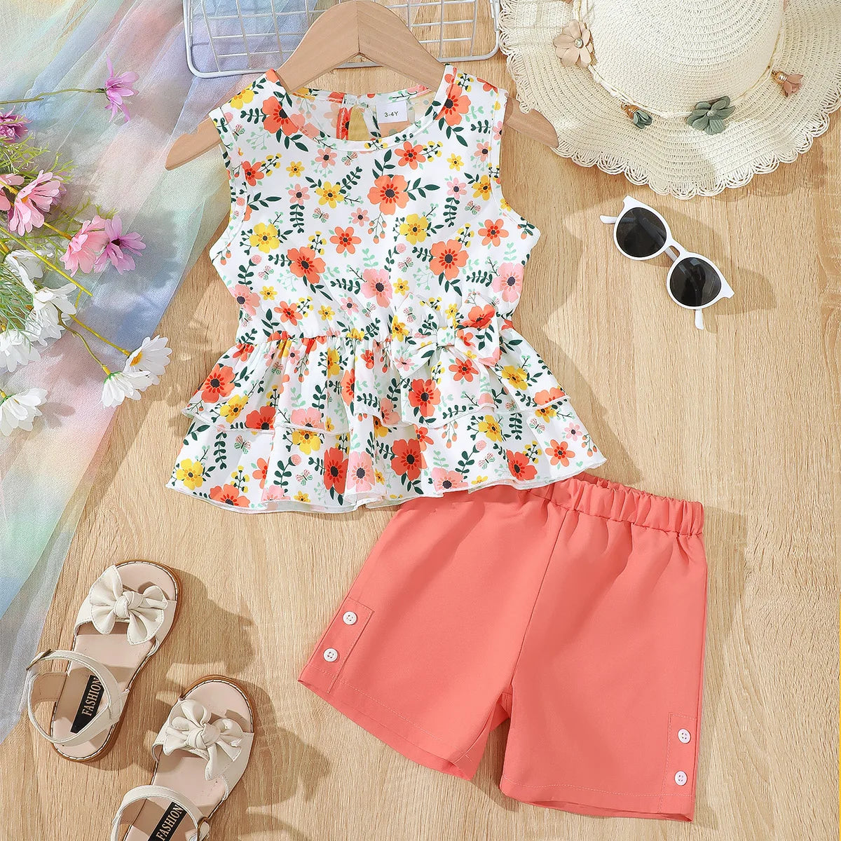Girls' Summer Outfit – Floral Bow Sleeveless Top & Shorts Set