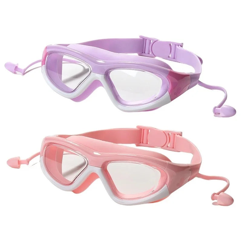 Waterproof Anti Fog Large Frame Water Glasses Connected Silicone Earplugs Goggles for Kids