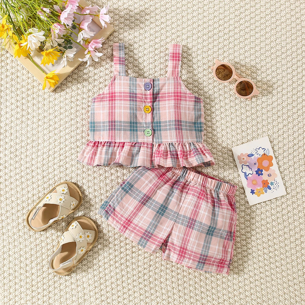 Summer Baby Girl Set – Cotton Colored Plaid Suspender Top & Shorts with Lace Flying Sleeves (Beach Two-Piece)