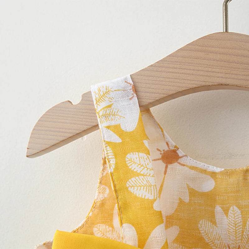 Small Daisy Print Bow Strap Dress with hat