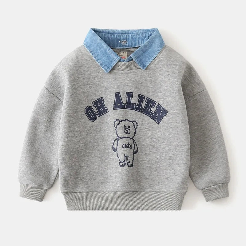 Kids Cotton Bear Print Pullover Hoodie