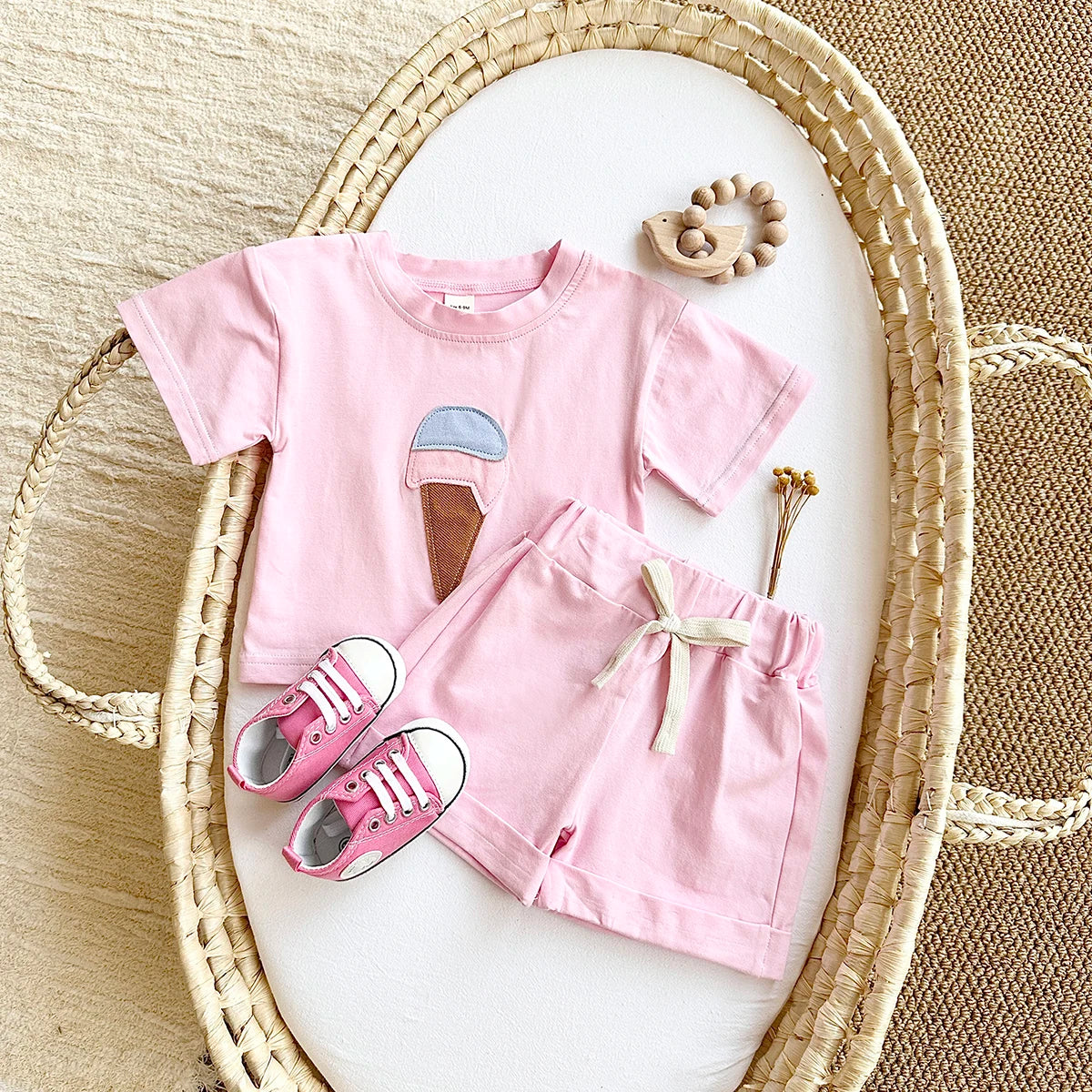Baby Summer Outfit – 2-Piece Newborn Set, Ice Cream Print T-Shirt & Sports Shorts for Boys & Girls