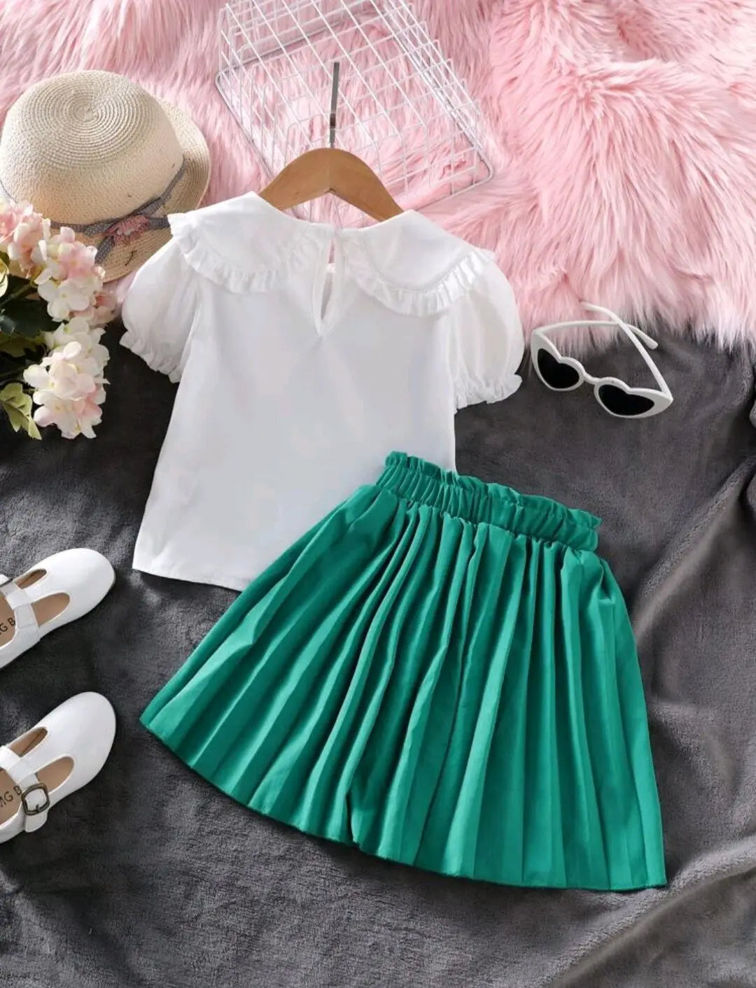 Flower Embroidered Doll Collar Top & Pleated Skirt, Kids Boutique Clothing Set