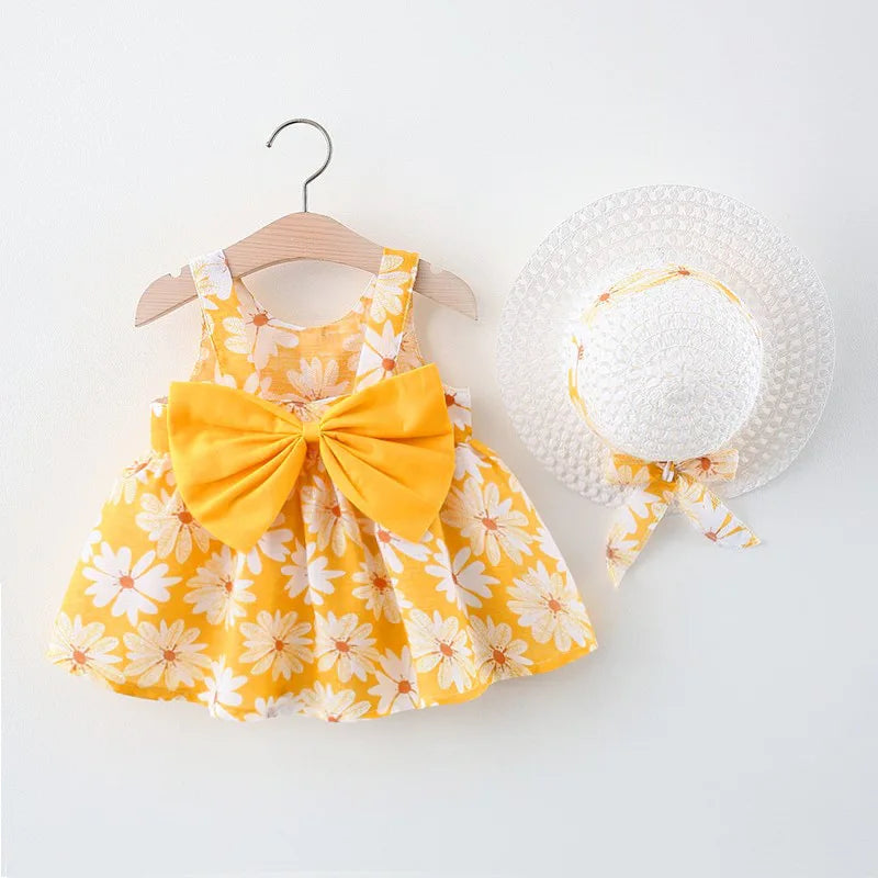 Small Daisy Print Bow Strap Dress with hat