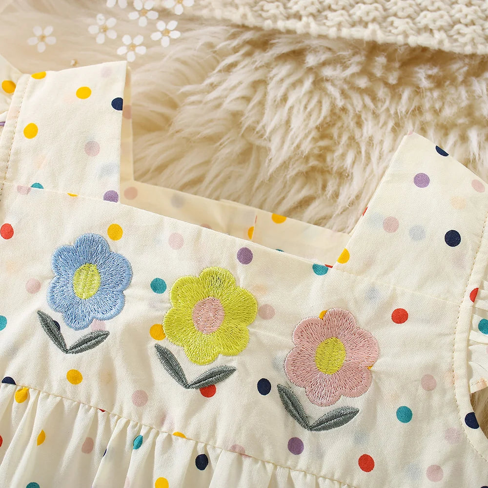 Polka Dots with 3 Flower Embroidery & Flying Sleeves (Cotton, Sweetheart Style)