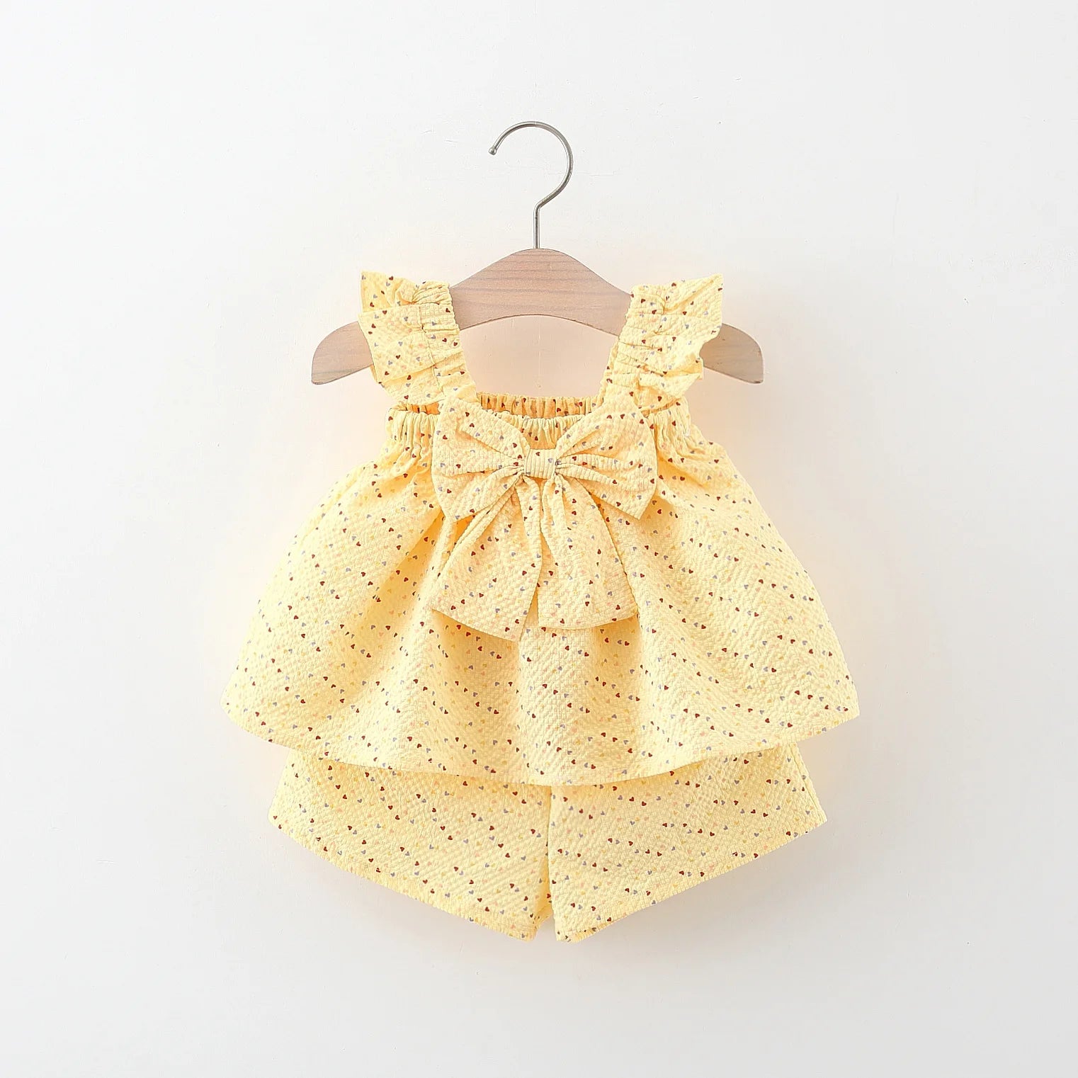 Toddler Girl Summer Set – Colorful Dot Flying Sleeve Top & Bow Shorts