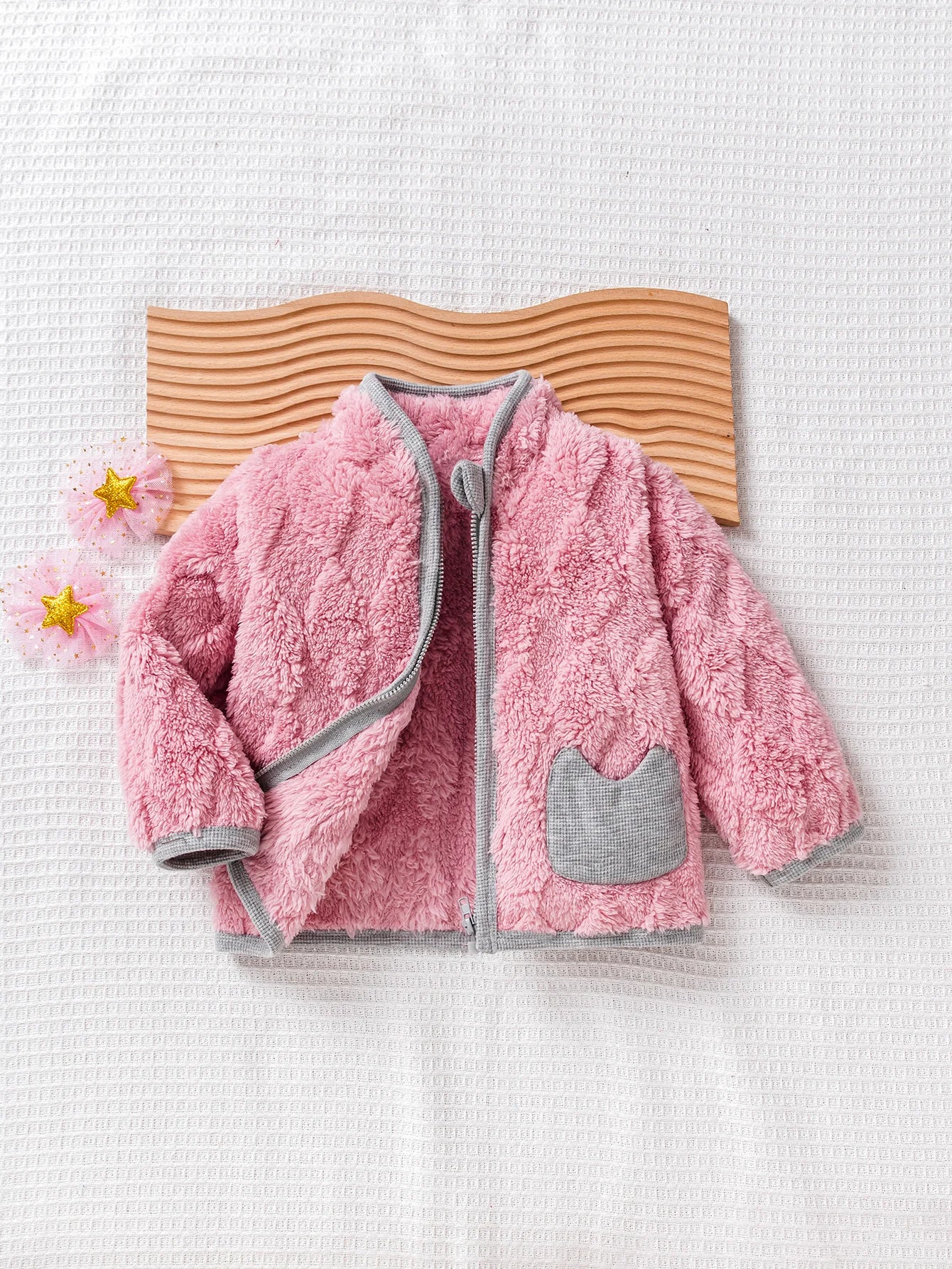 Girls' Cotton Plush Winter Jacket Pink Cat Pockets