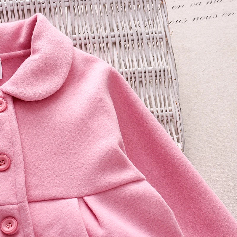 Baby Girl Woolen Coat – Pink Warm Flip Collar Long-Sleeve Button Coat