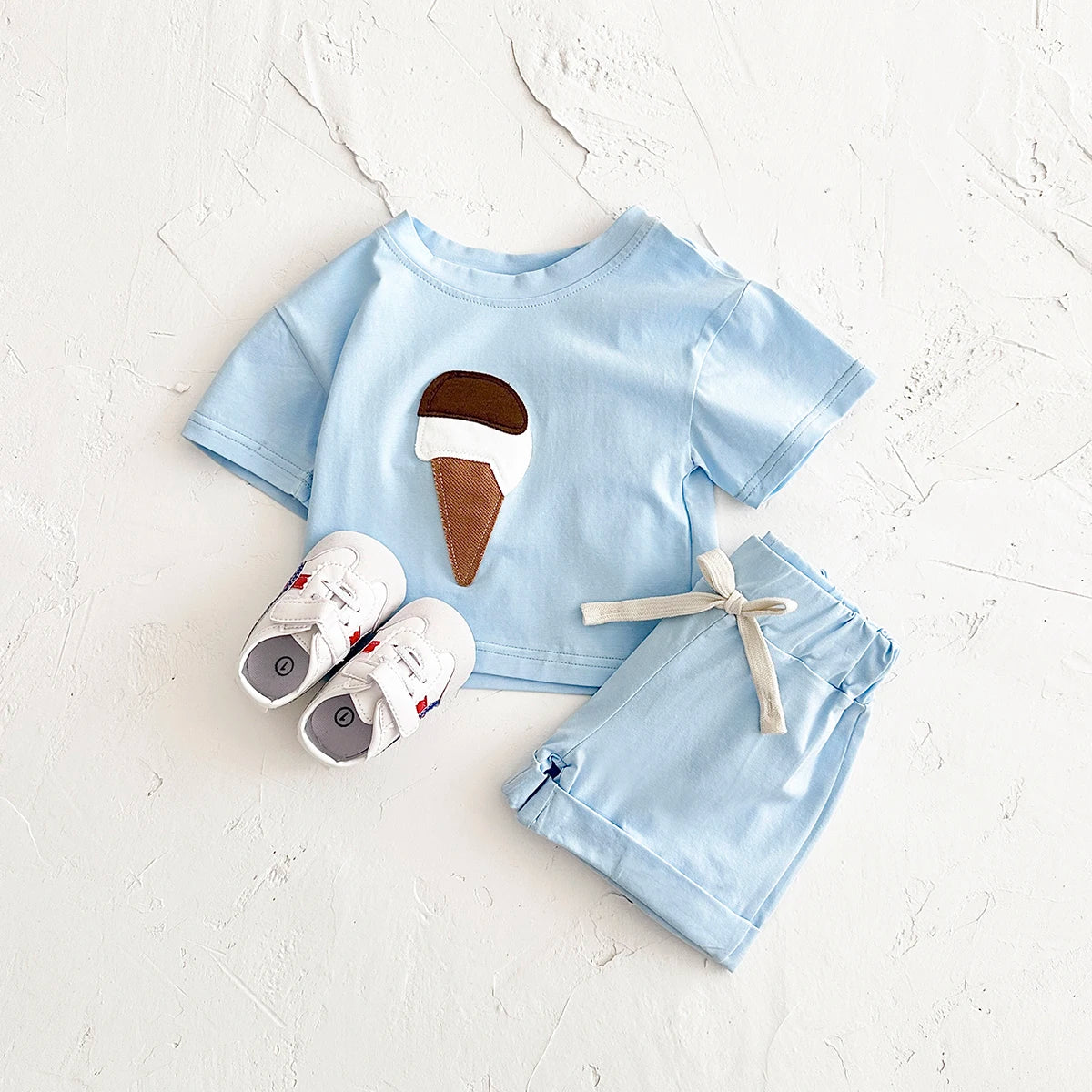 Baby Summer Outfit – 2-Piece Newborn Set, Ice Cream Print T-Shirt & Sports Shorts for Boys & Girls