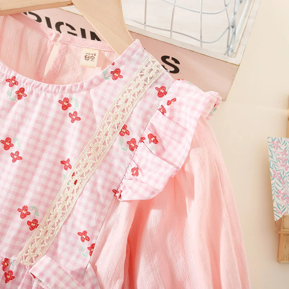 Baby Girl Plaid Floral Dress – Long-Sleeve Princess Outfit for Spring & Autumn, Countryside Style Birthday Party Dress