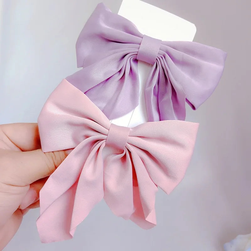 Solid Color Satin Bowknot Hair Clips For Girls