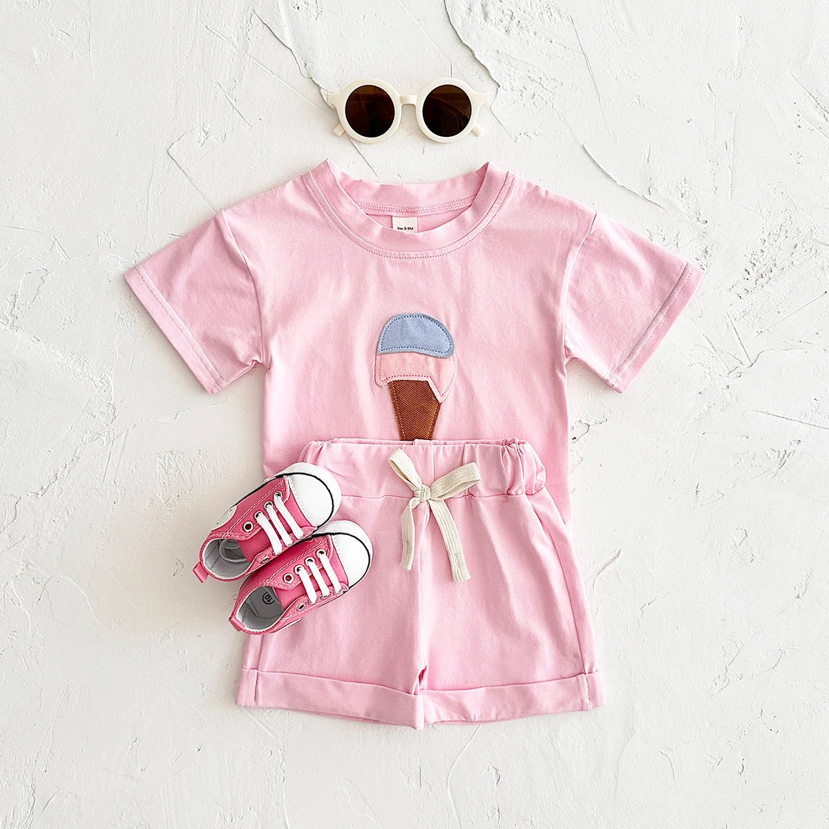 Baby Summer Outfit – 2-Piece Newborn Set, Ice Cream Print T-Shirt & Sports Shorts for Boys & Girls