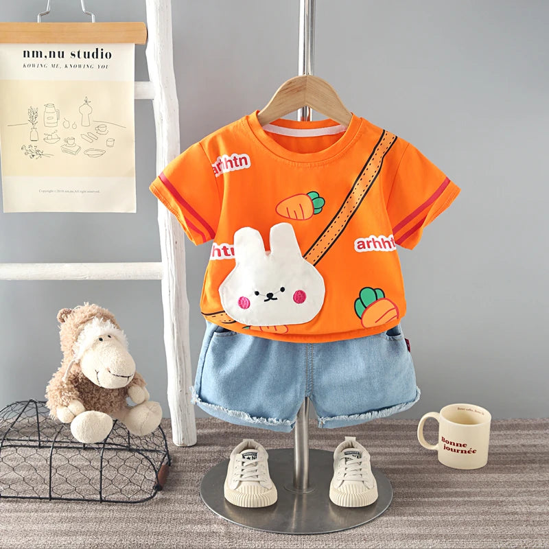 Title: Cartoon Bag Denim Shorts Set (Unisex)