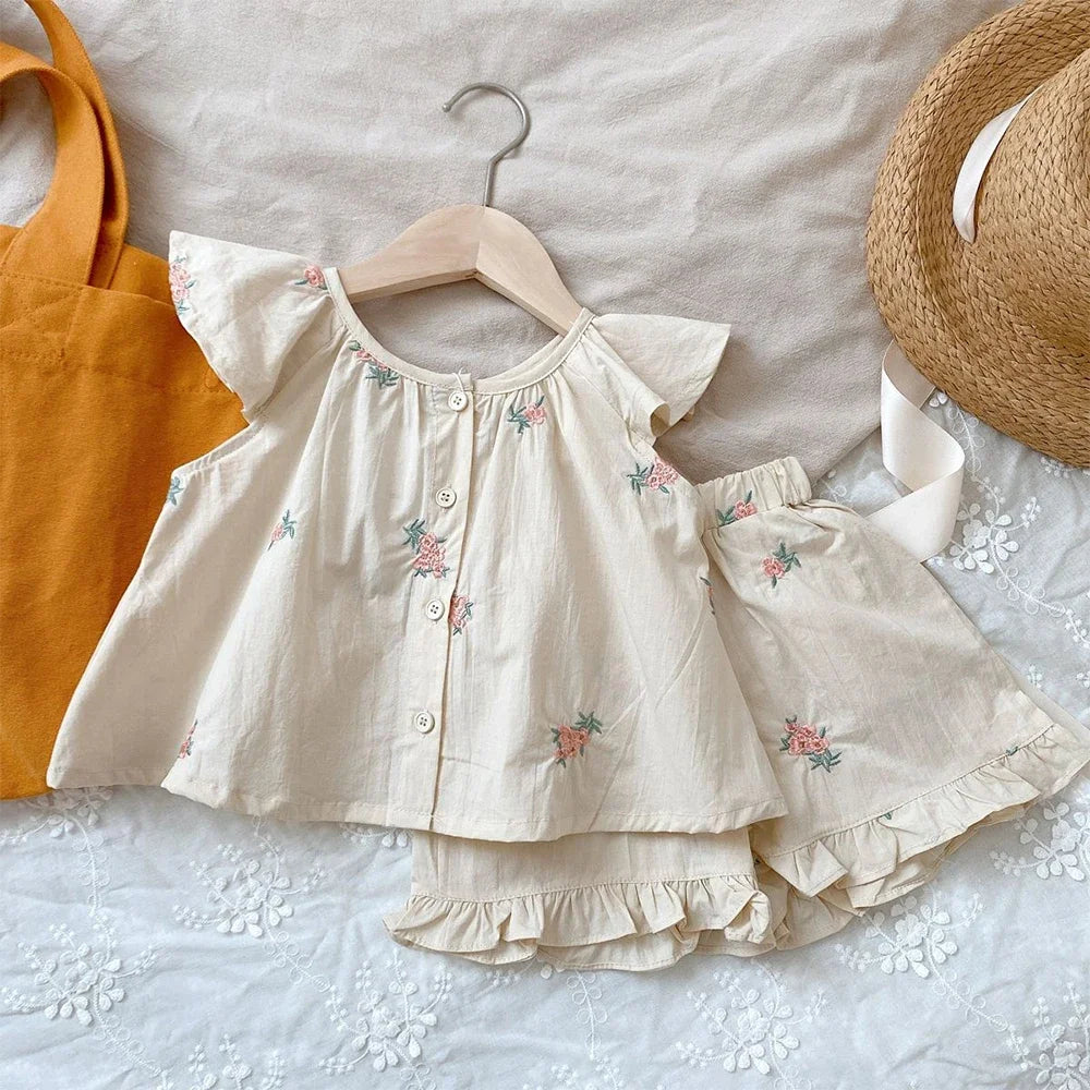 Floral Print Flying Sleeve Top & Shorts, Cute Two-Piece Refreshing Outfit for Little Girls
