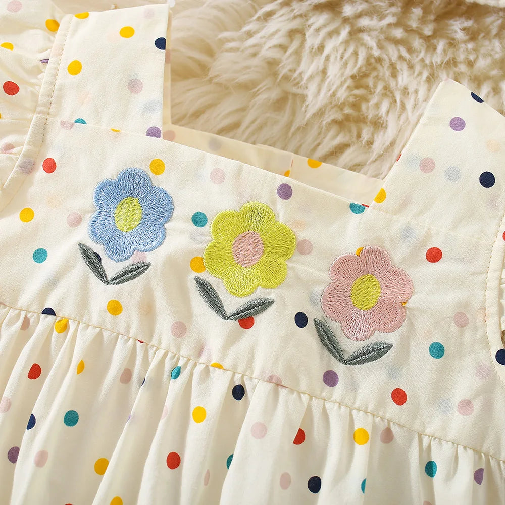 Polka Dots with 3 Flower Embroidery & Flying Sleeves (Cotton, Sweetheart Style)
