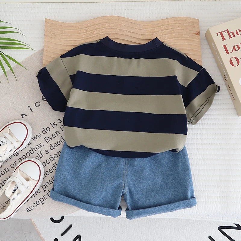 Cartoon Bag T-Shirt & Denim Shorts Set (Unisex)