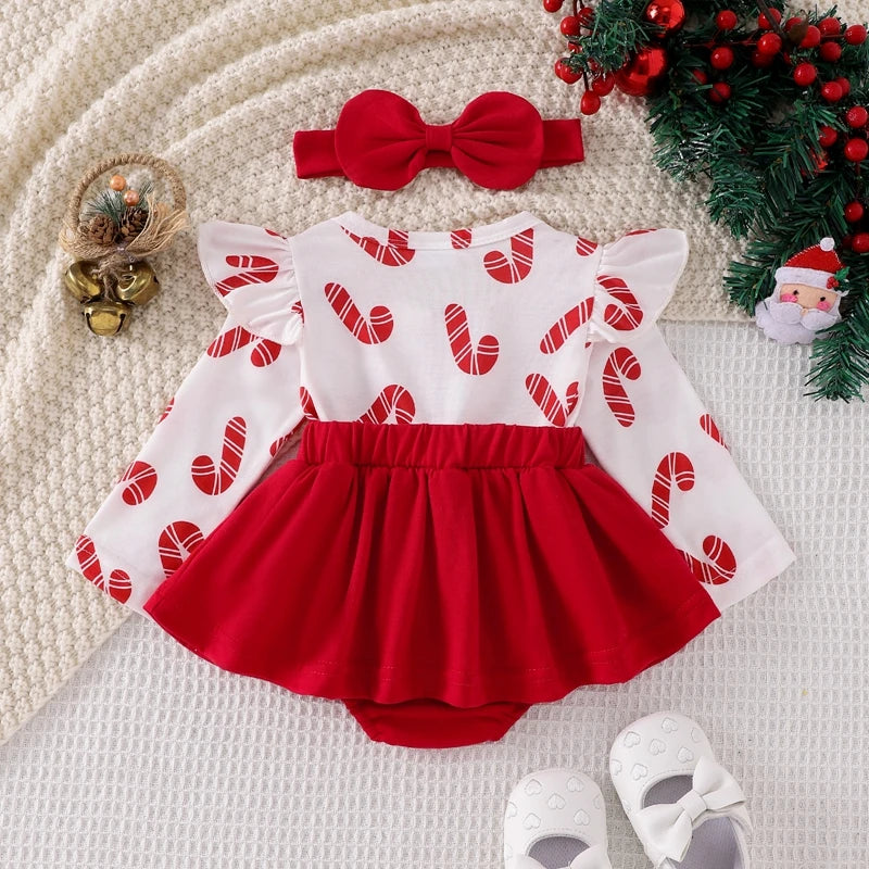 Santa Cartoon Baby Ruffle Dress Set
