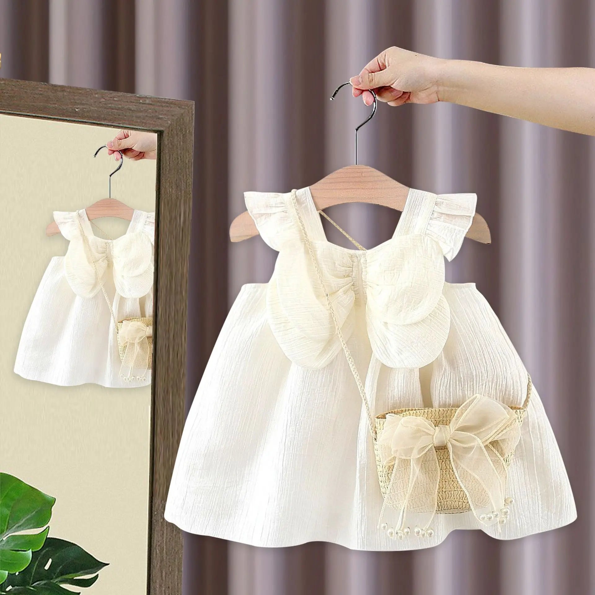 Summer Baby Girl Dress – Cute Cotton Princess Outfit with Flying Sleeves & Bag
