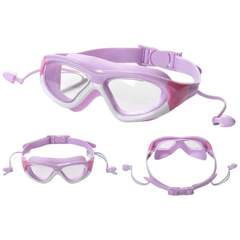 Waterproof Anti Fog Large Frame Water Glasses Connected Silicone Earplugs Goggles for Kids