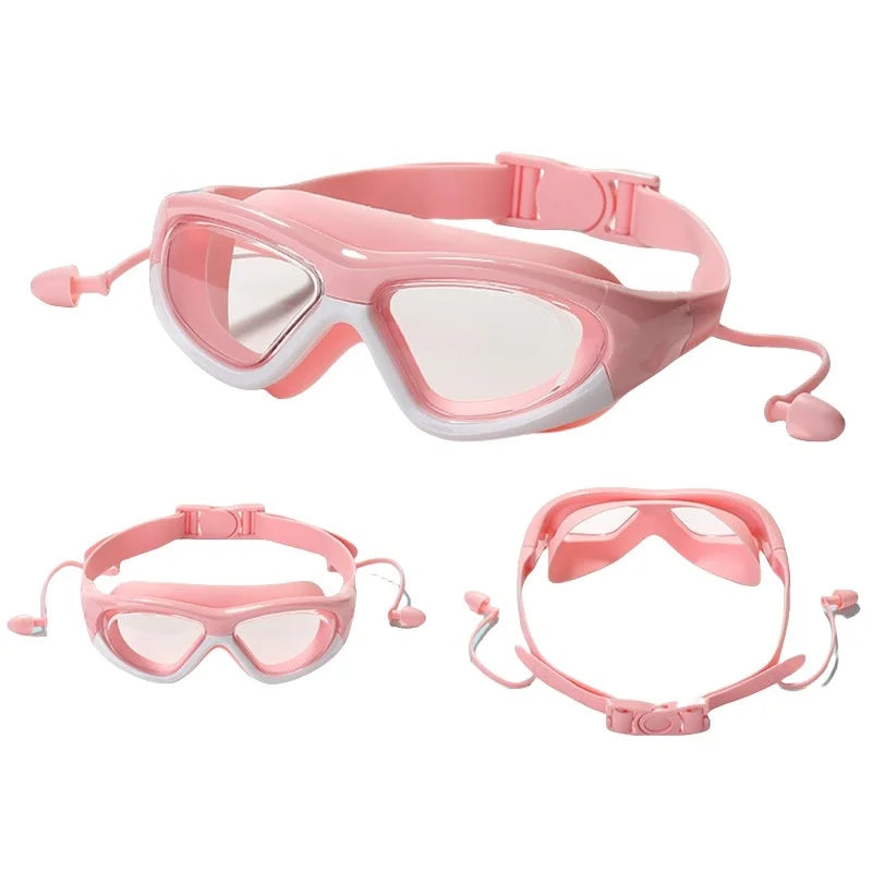 Waterproof Anti Fog Large Frame Water Glasses Connected Silicone Earplugs Goggles for Kids