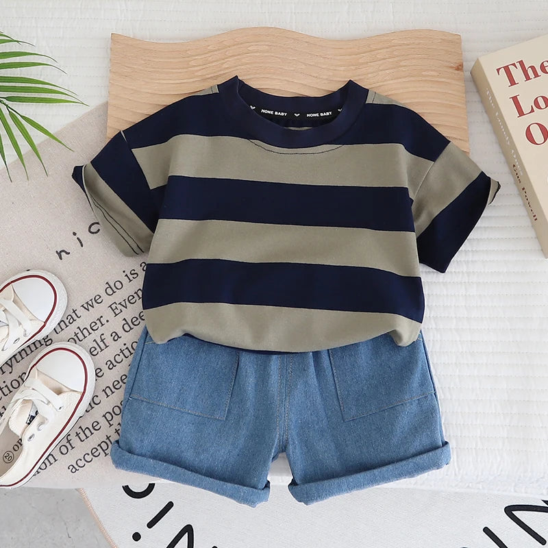 Cartoon Bag T-Shirt & Denim Shorts Set (Unisex)