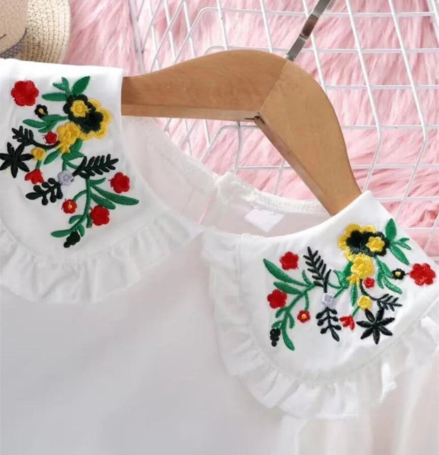 Flower Embroidered Doll Collar Top & Pleated Skirt, Kids Boutique Clothing Set