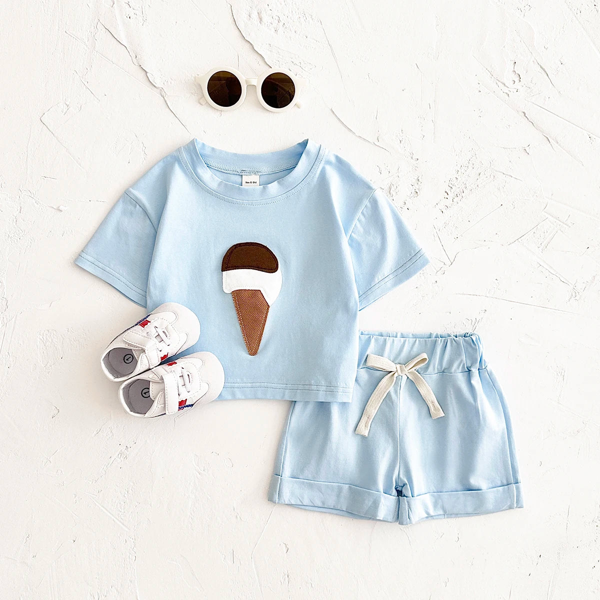 Baby Summer Outfit – 2-Piece Newborn Set, Ice Cream Print T-Shirt & Sports Shorts for Boys & Girls