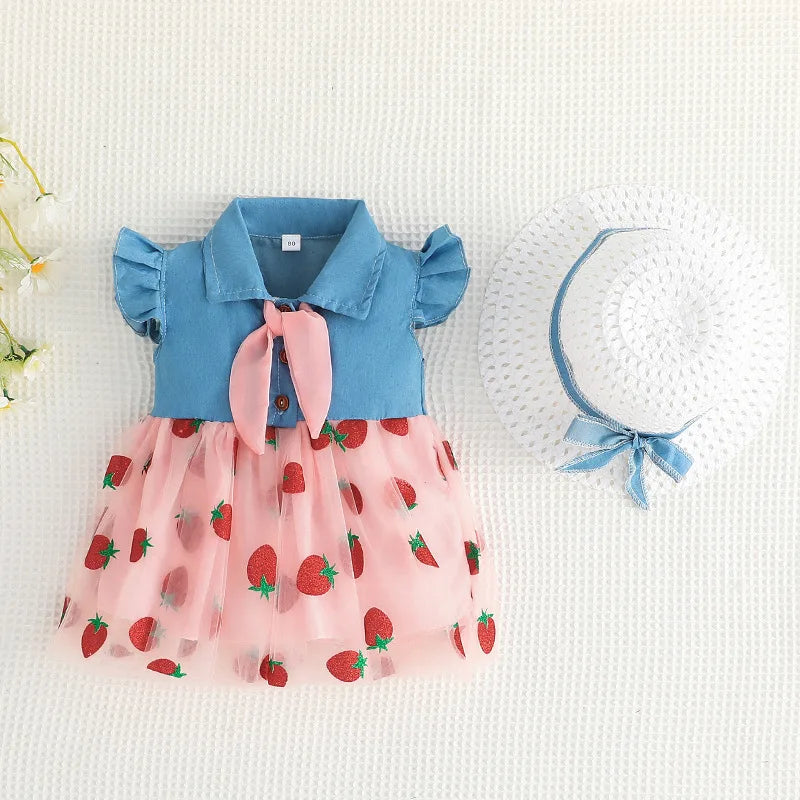 Strawberry Mesh Denim Skirt Set (Girls)