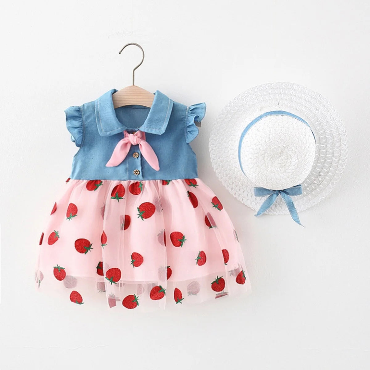 Strawberry Mesh Denim Skirt Set (Girls)