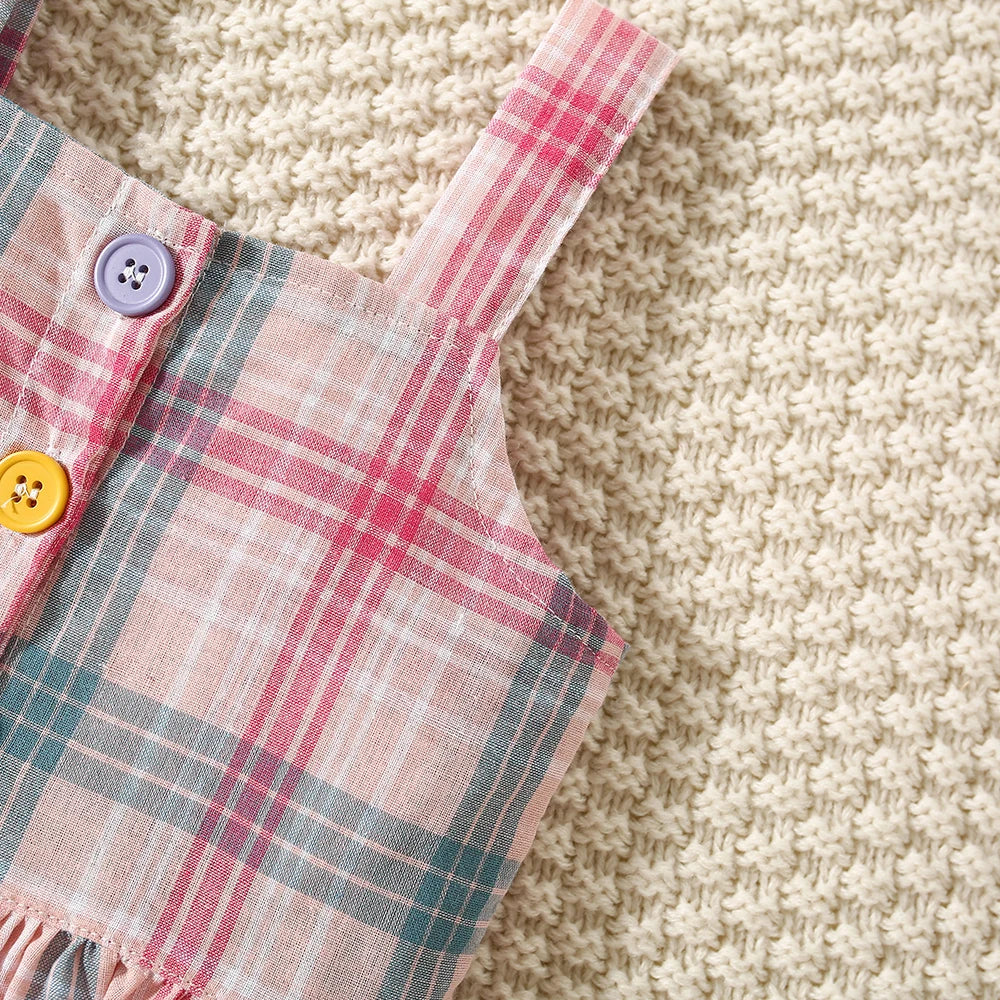 Summer Baby Girl Set – Cotton Colored Plaid Suspender Top & Shorts with Lace Flying Sleeves (Beach Two-Piece)