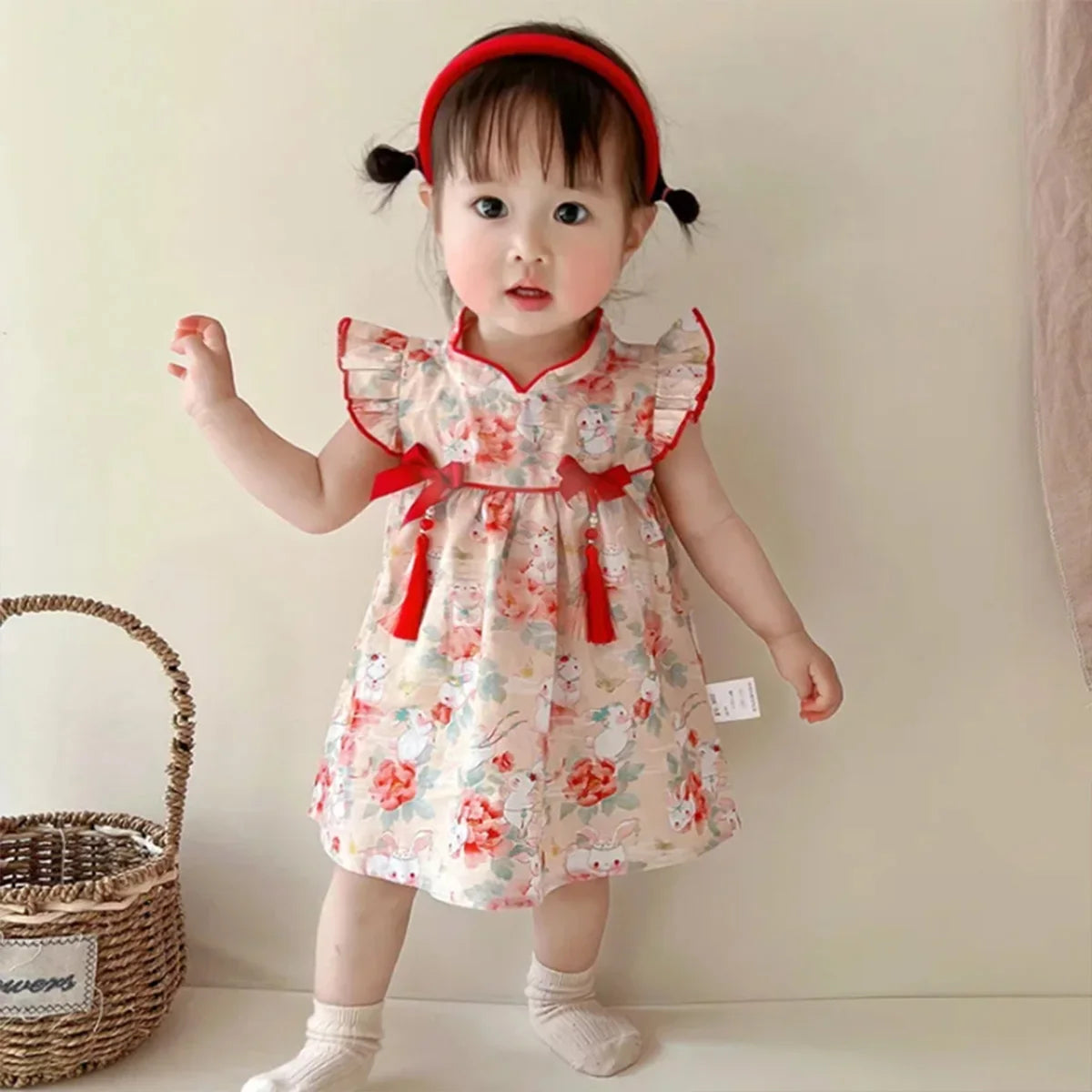 Baby Girl Dress – Cute Rabbit Print Flying Sleeves Summer Outfit (0-3Y)