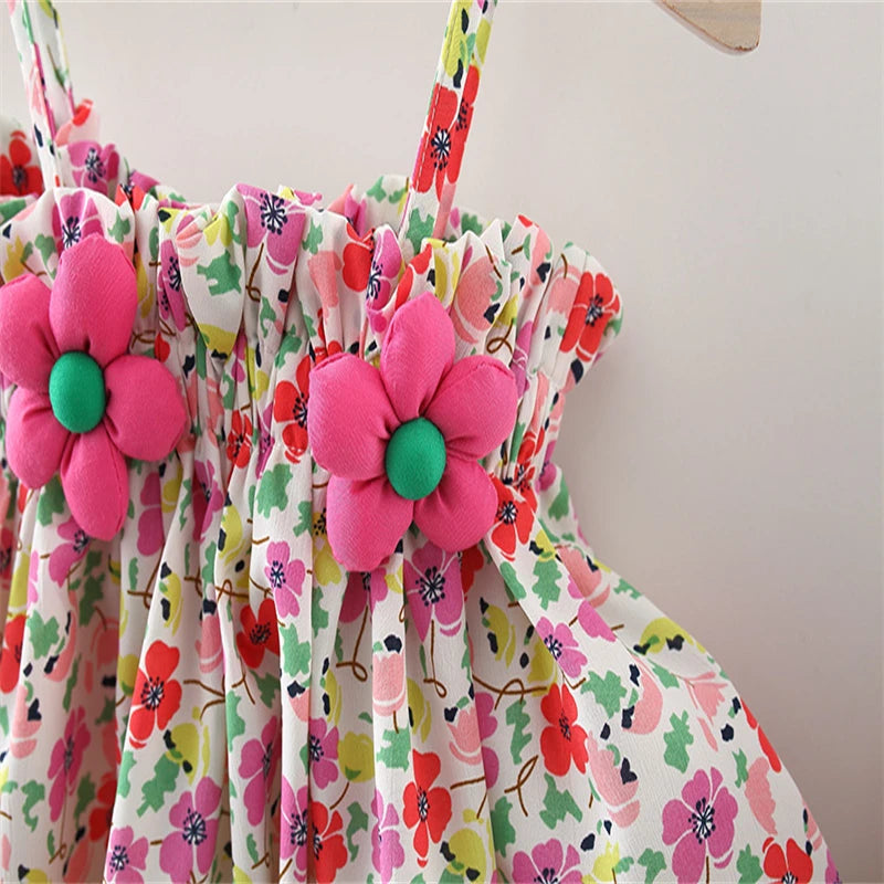2Pcs Summer Girls Set – Floral Suspender Top & Shorts with Cool Chiffon (Korean Style)