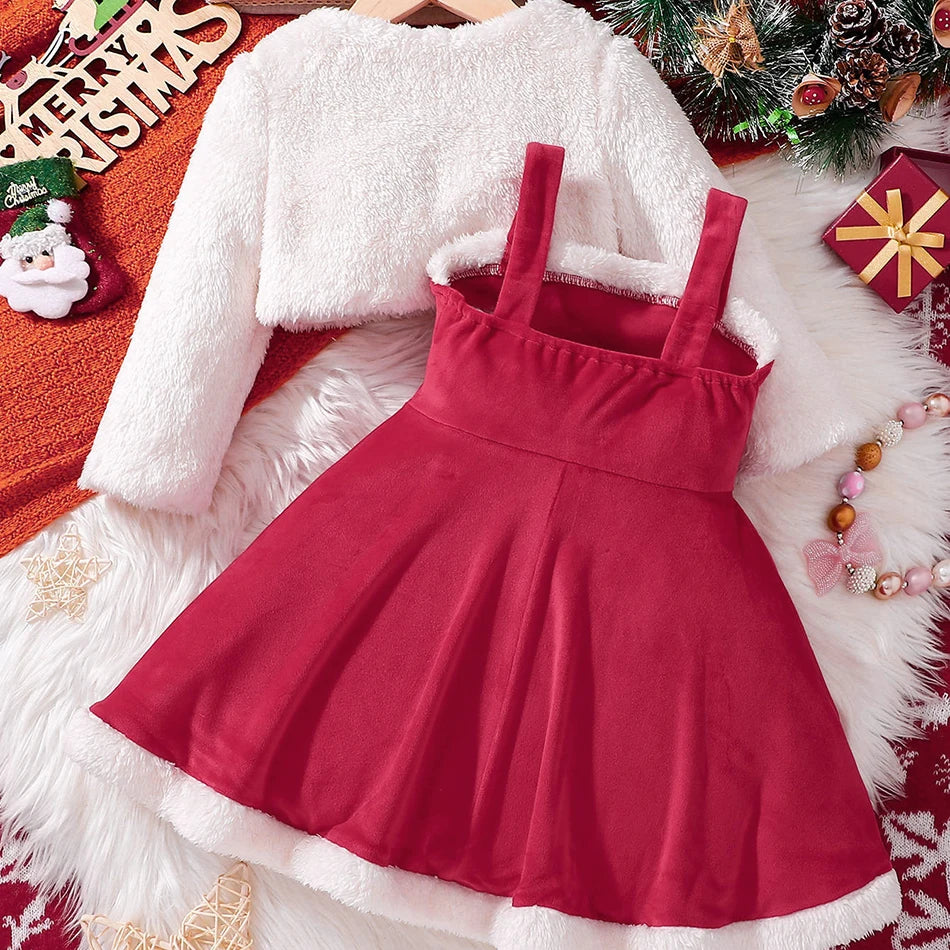 Girls Winter Coat & Red Velvet Dress Set