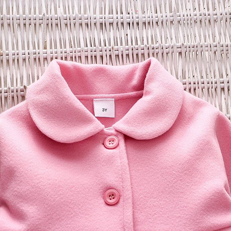 Baby Girl Woolen Coat – Pink Warm Flip Collar Long-Sleeve Button Coat