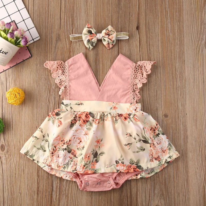 2-Piece Newborn Lace Dress & Princess Skirt with Red Flower Design (0-24M)
