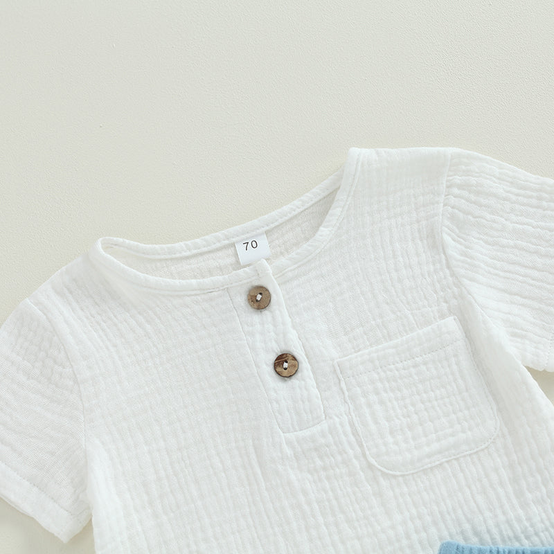 Short-Sleeve Button-Down Top with Pocket & Solid Color Shorts (0-3Y)