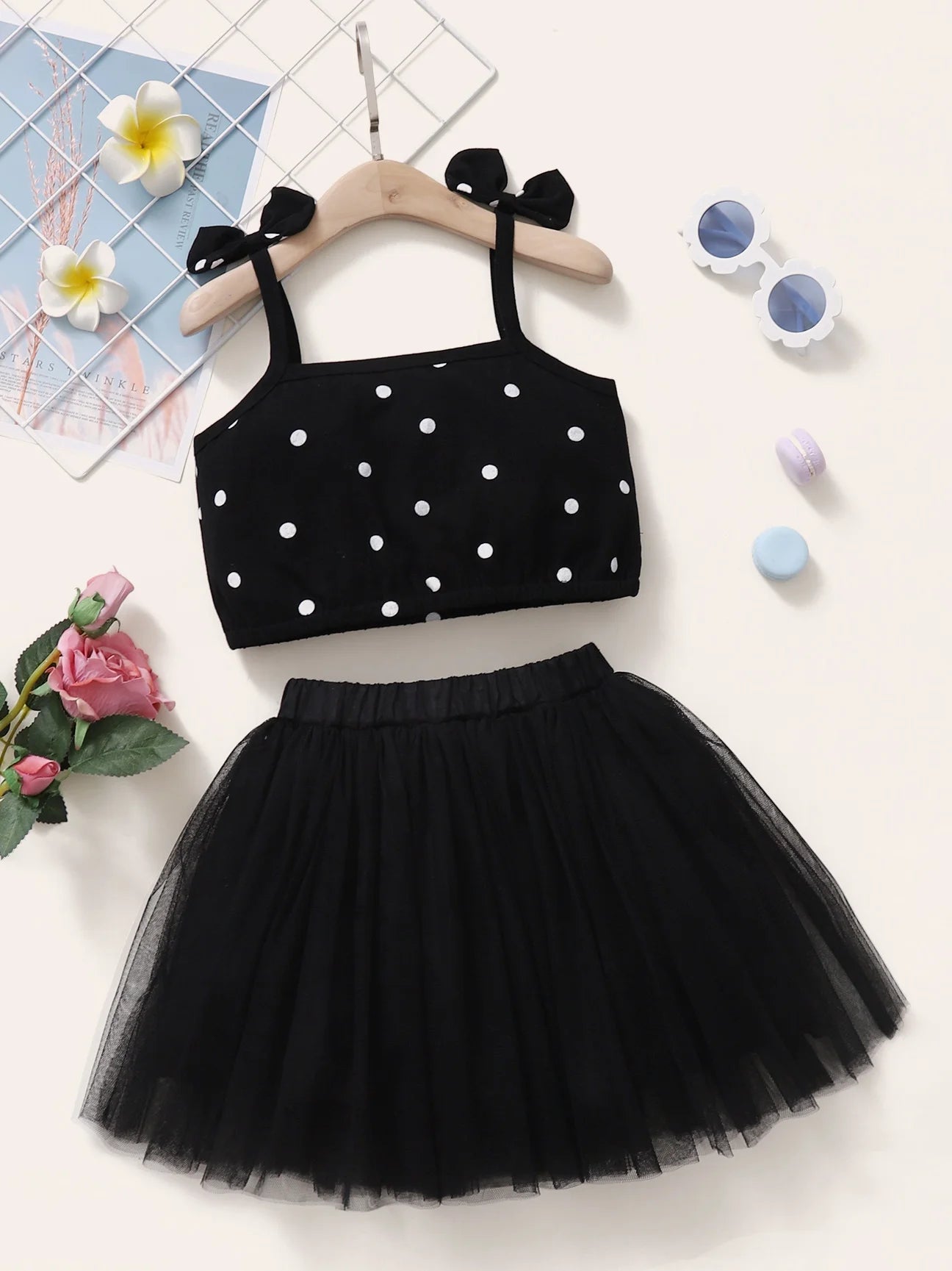 2Pcs Bow Top and Black Tulle Puff Skirt for Girls