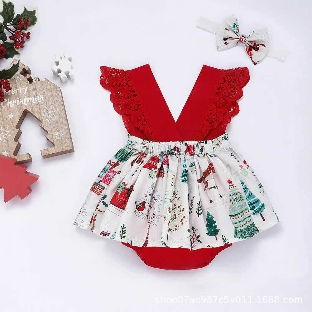 2-Piece Newborn Lace Dress & Princess Skirt with Red Flower Design (0-24M)