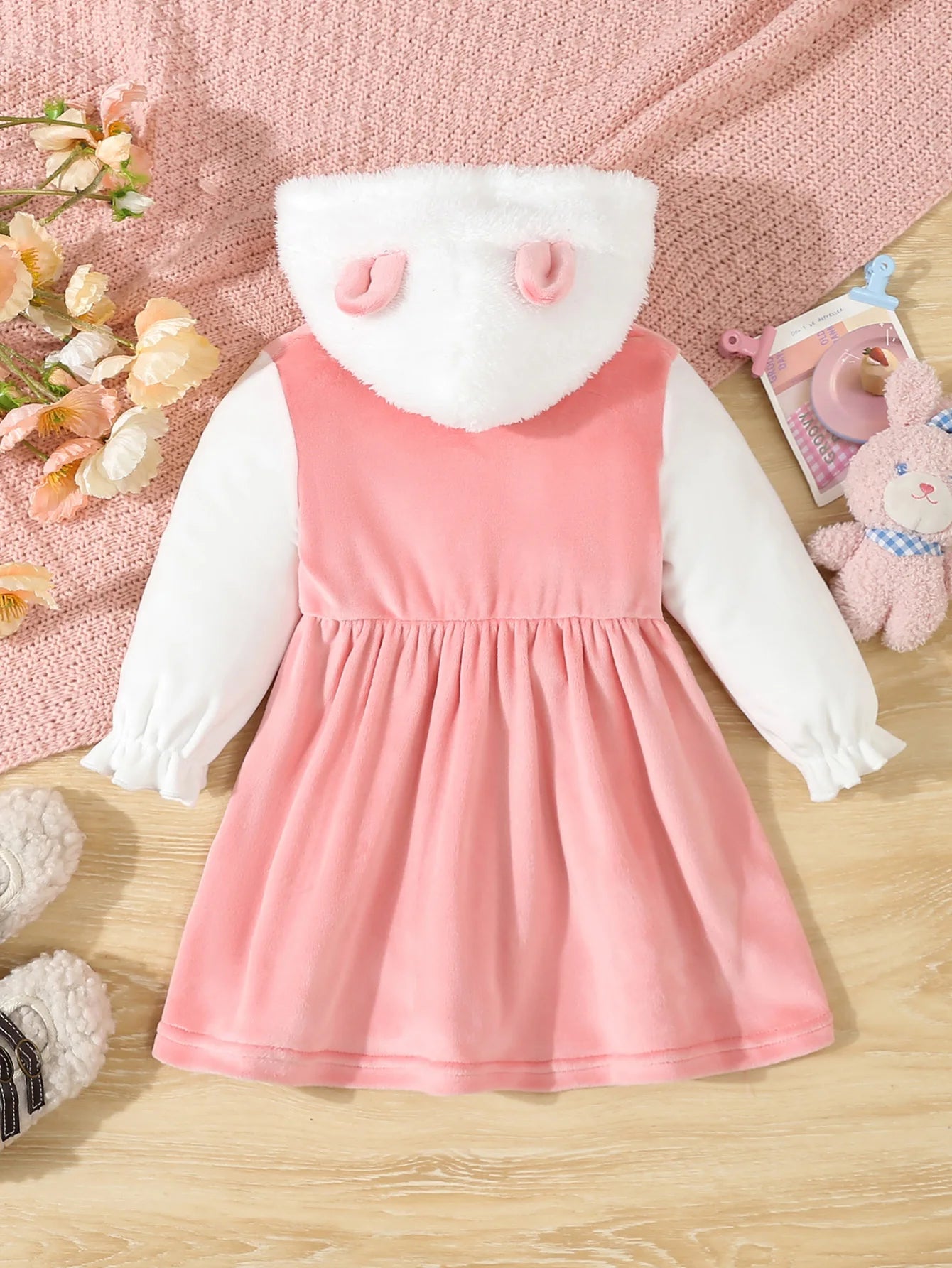 Pink Plush Rabbit Hooded Baby Dress