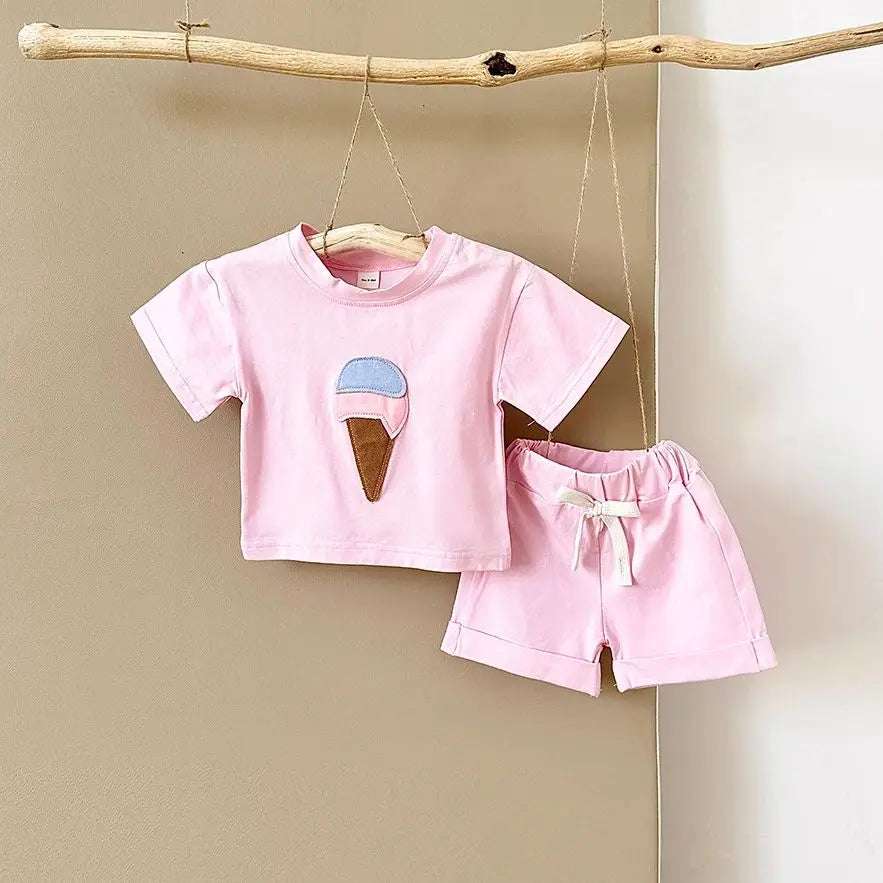 Baby Summer Outfit – 2-Piece Newborn Set, Ice Cream Print T-Shirt & Sports Shorts for Boys & Girls