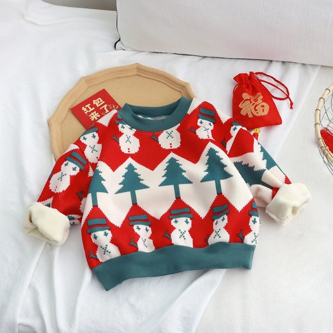 blue green red kids christmas sweatshirt with snowman print, thick velvet winter pullover for toddlers and children, cozy plush holiday top