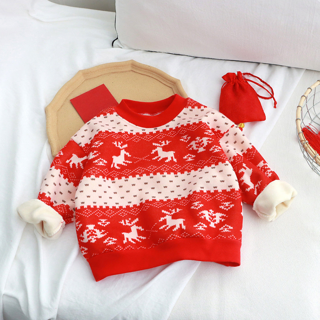 velvet christmas sweatshirt reindeer pattern, cozy fleece interior, holiday sweater for babies toddlers and kids