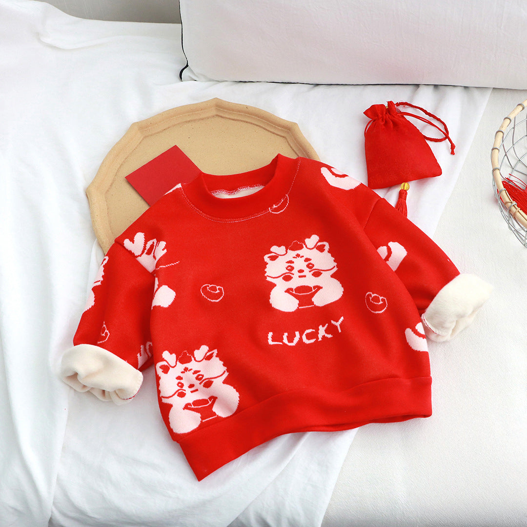 velvet kids sweatshirt, lucky panda print, red holiday pullover, soft plush lining, baby toddler and child sizes