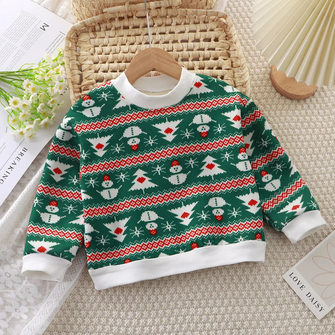 green kids christmas sweatshirt with snowman and pine trees, warm winter velvet top