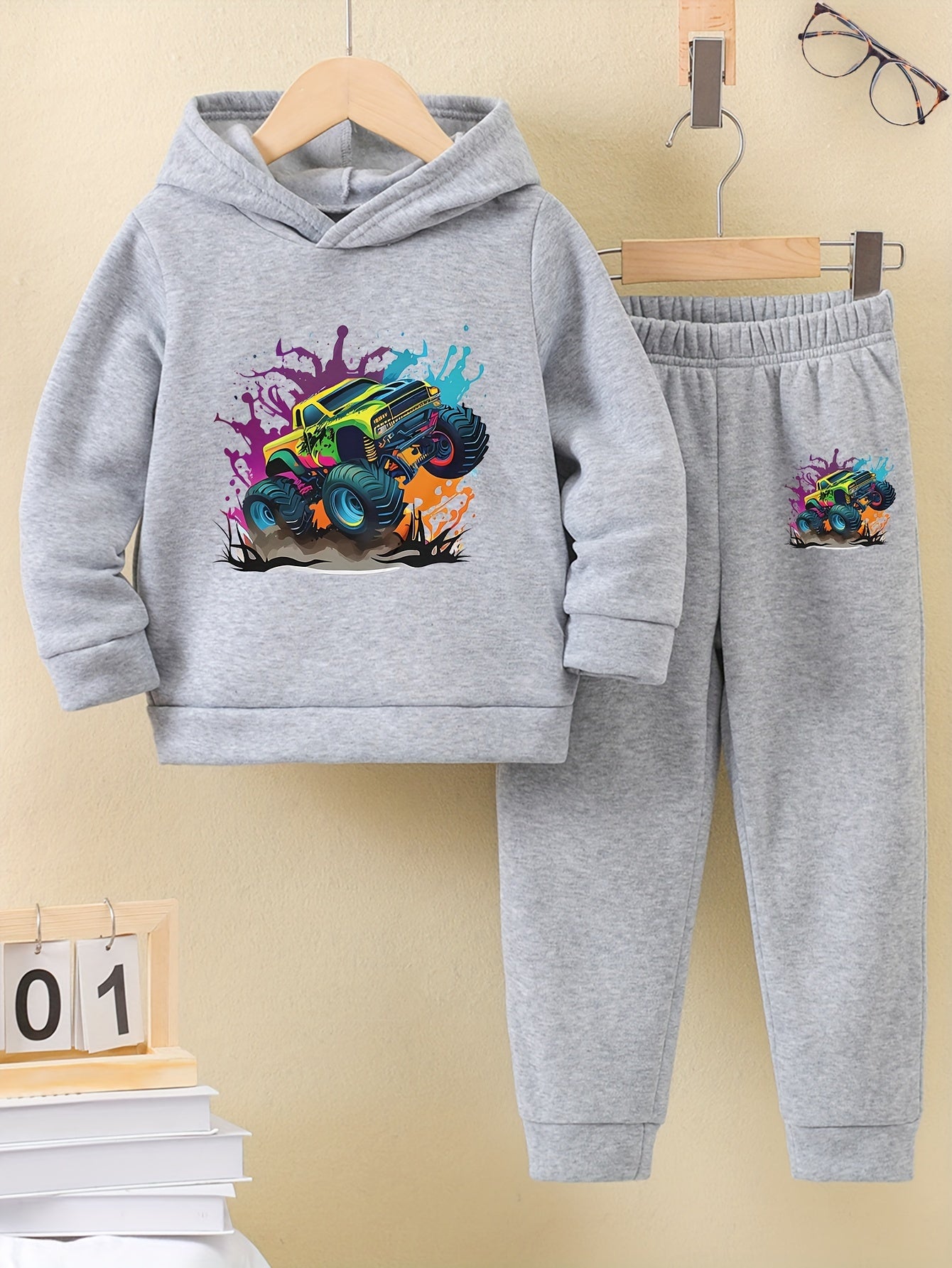 Boys Car Graphic Print Long Sleeve Hooded Sweatshirt + Sporty Pants