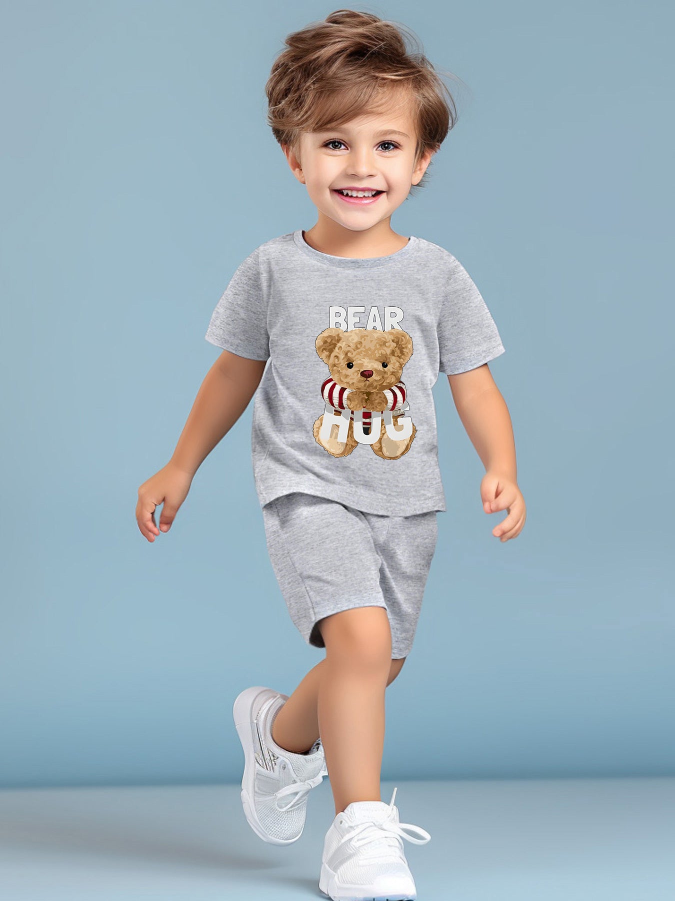 2pcs Boy's Cartoon Bear Print Cotton T-shirt & Comfy Shorts Set